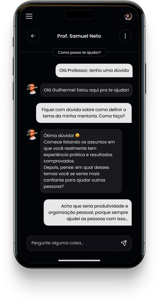 Expert Agent — chat de IA com o Prof. Samuel Neto tirando dúvidas do aluno dentro do app