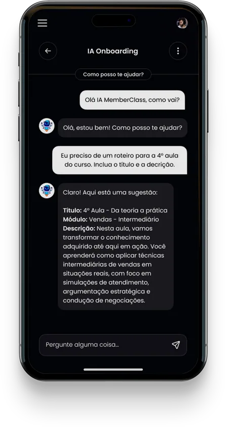 IA de onboarding gerando roteiro de aula dentro do app