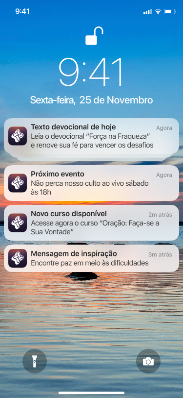 Notificações push na tela de bloqueio: texto devocional, próximo evento, novo curso e mensagem de inspiração