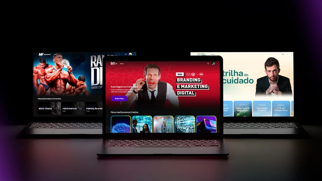 Áreas de membros premium em diferentes marcas — MuscleFlix, BA Play e Trilha do Cuidado